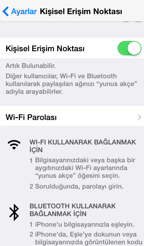 iphone telefondaki interneti paylaştırma