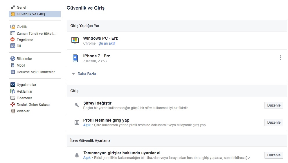 Facebook hesabına nereden girildiğini görme