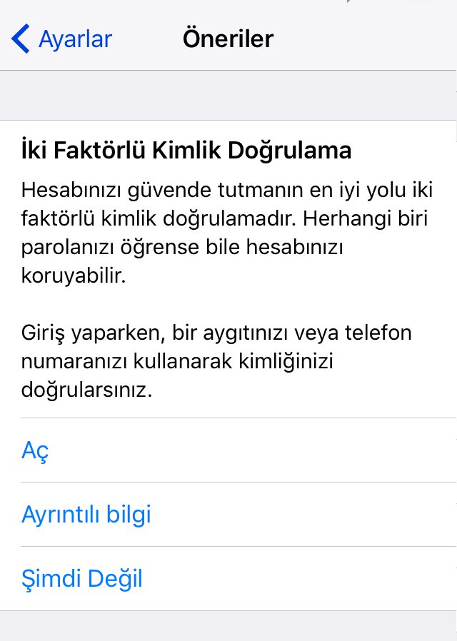 İki faktörlü kimlik doğrulama açma kapatma