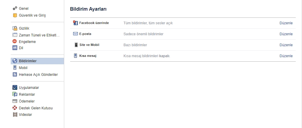 Facebook bildirim ayarları